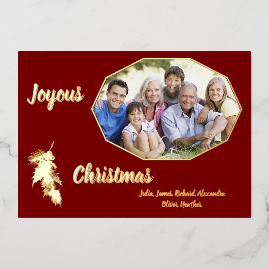 金ゴールドホリーダークレッド喜びクリスマスフォト 箔招待状 (正面)