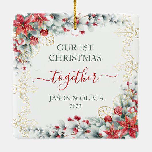 金ゴールドホリー緑のフローラ1stクリスマス一緒に セラミックオーナメント (裏面)