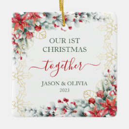 金ゴールドホリー緑のフローラ1stクリスマス一緒に セラミックオーナメント