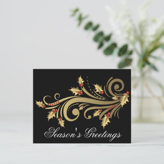 金ゴールドホリー&スクロールカスタマイズ可能な休日はがき シーズンポストカード (スタンド正面)