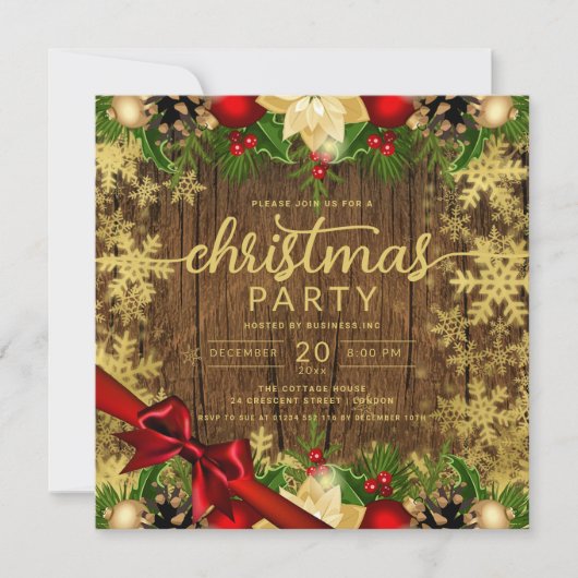 金ゴールドホリ素朴ーベリー&バウブルズ会社のクリスマス 招待状 (正面)