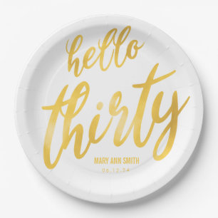 金ゴールドホワイトの「Hello Sthry」誕生日（名前付き） ペーパープレート