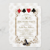 金ゴールドホワイトアールデコカジノベガストランプのポーカー誕生日 招待状 (正面/裏面)