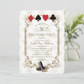 金ゴールドホワイトアールデコカジノベガストランプのポーカー誕生日 招待状 (スタンド正面)