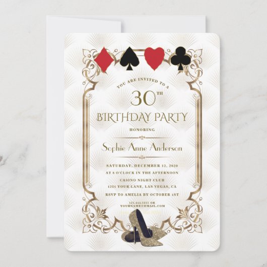 金ゴールドホワイトアールデコカジノベガストランプのポーカー誕生日 招待状 (正面)