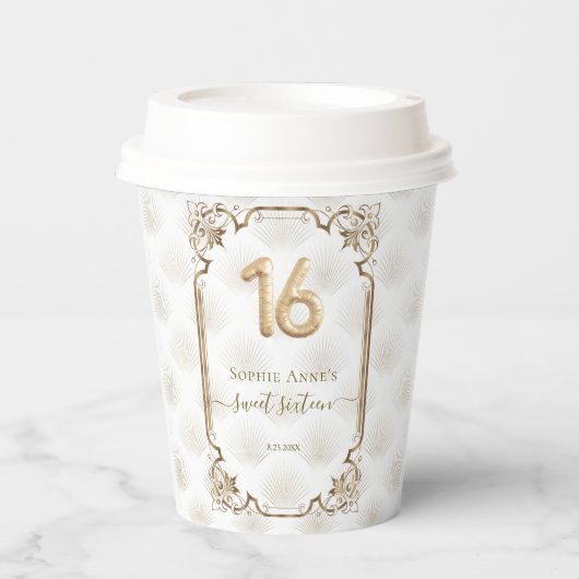 金ゴールドホワイトアールデコスウィート16誕生日 紙コップ (正面)