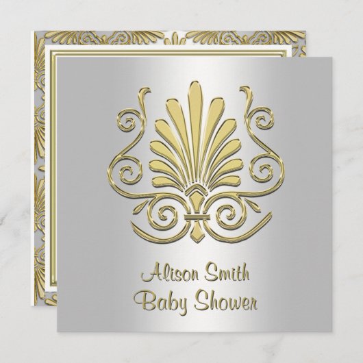 金ゴールドホワイトアールデコダマスクベビーシャワー2 招待状 (正面/裏面)