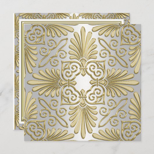 金ゴールドホワイトアールデコダマスクベビーシャワー 招待状 (正面/裏面)