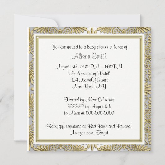 金ゴールドホワイトアールデコダマスクベビーシャワー 招待状 (裏面)