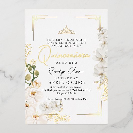 金ゴールドホワイトオーキンスプリンセスティアラキンセアニラ 箔招待状 (正面)