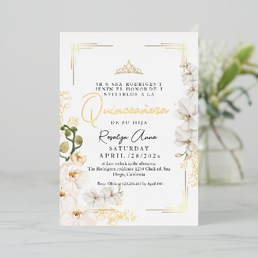 金ゴールドホワイトオーキンスプリンセスティアラキンセアニラ 箔招待状 (立ち正面)