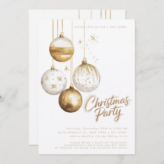 金ゴールドホワイトオーナメントバウブルクリスマスパーティー 招待状 (正面/裏面)
