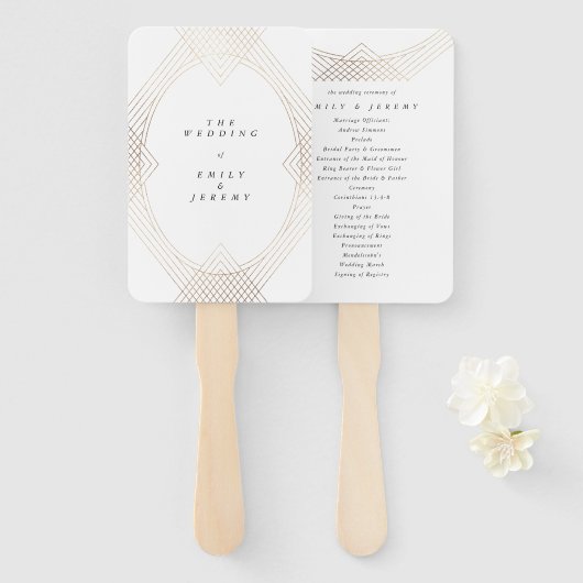 金ゴールドホワイトオーバル幾何学アールデコギャツビー結婚ズ ハンドファン (正面&裏面)