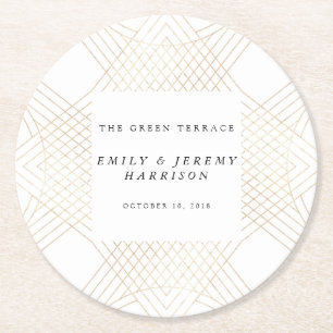 金ゴールドホワイトオーバル幾何学アールデコギャツビー結婚ズ ラウンドペーパーコースター