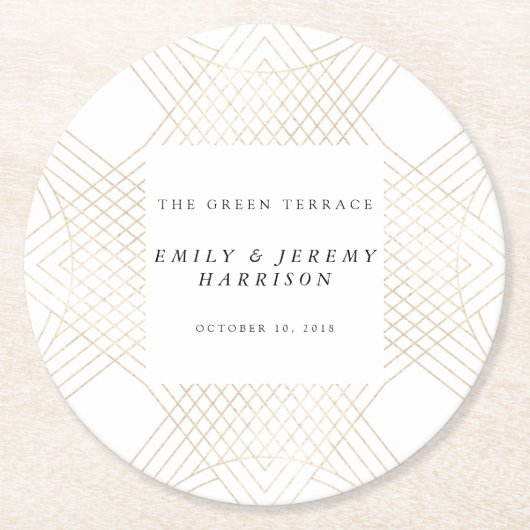 金ゴールドホワイトオーバル幾何学アールデコギャツビー結婚ズ ラウンドペーパーコースター (正面)