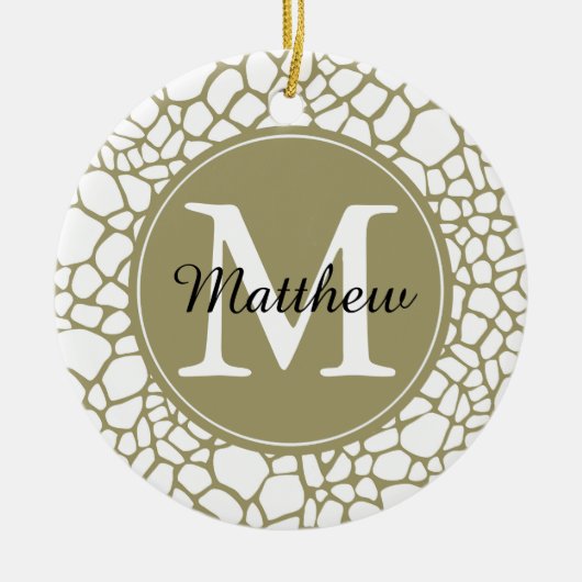 金ゴールドホワイトキリンプリントモノグラム セラミックオーナメント (正面)