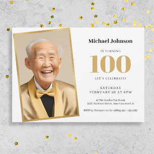 金ゴールドホワイトクラスフォト100th誕生日パーティー 招待状