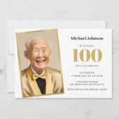 金ゴールドホワイトクラスフォト100th誕生日パーティー 招待状 (正面)