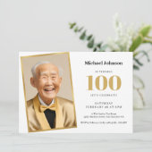 金ゴールドホワイトクラスフォト100th誕生日パーティー 招待状 (スタンド正面)