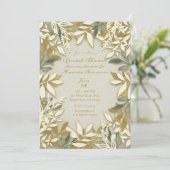 金ゴールドホワイトクリームベージュ色植物学葉ブライダル 招待状 (スタンド正面)