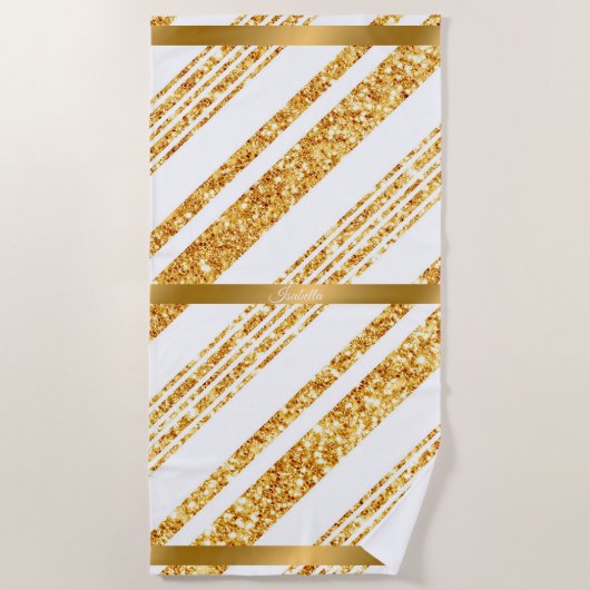 金ゴールドホワイトグリッターボホ人気があるストライプコレクション ビーチタオル (正面)