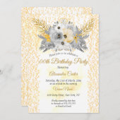 金ゴールドホワイトグレーフローラブーケバースデーパーティー 招待状 (正面/裏面)