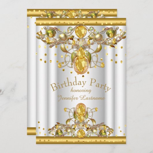 金ゴールドホワイトジュエリー誕生日パーティーへの招待 招待状 (正面/裏面)