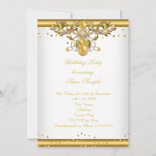 金ゴールドホワイトジュエルドバースデーパーティーの招待2 招待状 (裏面)