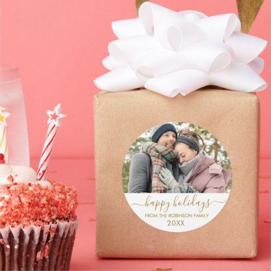 金ゴールドホワイトスクリプトカップル写真ハッピーホリデー ラウンドシール (パーティー)