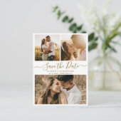 金ゴールドホワイトスクリプトコラージュ結婚式の日付を保存 案内ポストカード (スタンド正面)