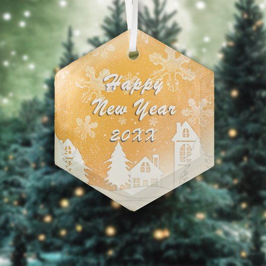 金ゴールドホワイトスノーハウスハッピーニューイヤー ガラスオーナメント