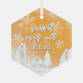 金ゴールドホワイトスノーハウスハッピーニューイヤー ガラスオーナメント (裏面)