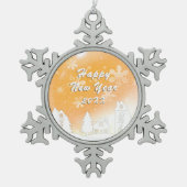 金ゴールドホワイトスノーハウスハッピーニューイヤー スノーフレークピューターオーナメント (正面)