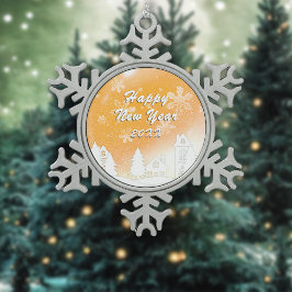 金ゴールドホワイトスノーハウスハッピーニューイヤー スノーフレークピューターオーナメント