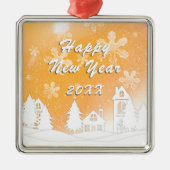 金ゴールドホワイトスノーハウスメリークリスマス メタルオーナメント (正面)