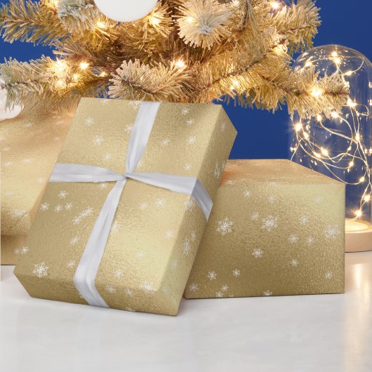 金ゴールドホワイトスノーフレーク ラッピングペーパー (クリスマス)