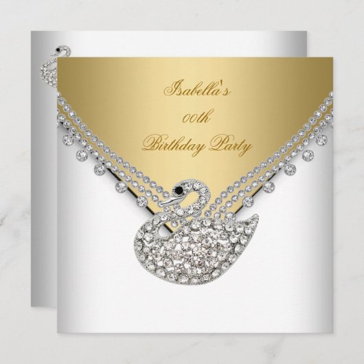 金ゴールドホワイトスワンエレガントバースデーパーティー 招待状 (正面/裏面)