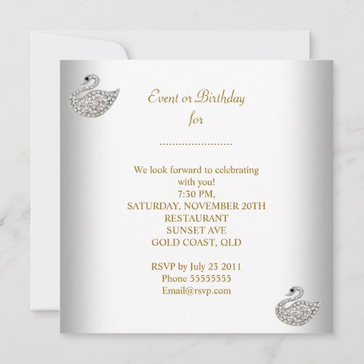 金ゴールドホワイトスワンエレガントバースデーパーティー 招待状 (裏面)