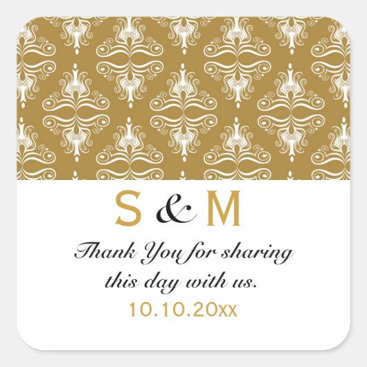金ゴールドホワイトダマスクサンキューモノグラム結婚ズ スクエアシール (正面)