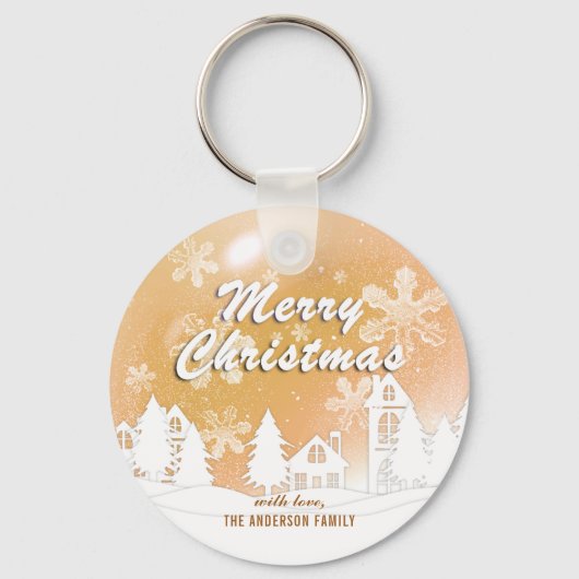 金ゴールドホワイトハウススノーフレーククリスマスハッピーニューイヤー キーホルダー (正面)