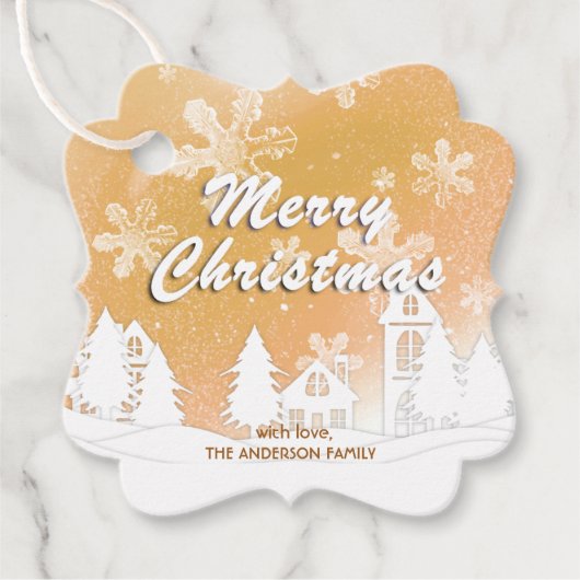 金ゴールドホワイトハウススノーフレーククリスマスハッピーニューイヤー フェイバータグ (正面)