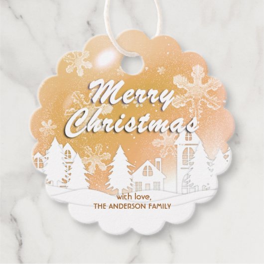 金ゴールドホワイトハウススノーフレーククリスマスハッピーニューイヤー フェイバータグ (正面)