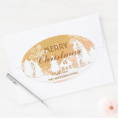 金ゴールドホワイトハウススノーフレーククリスマスハッピーニューイヤー 楕円形シール (封筒)