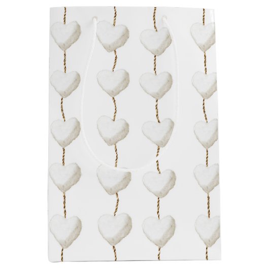 金ゴールドホワイトハート誕生日 ミディアムペーパーバッグ (正面)