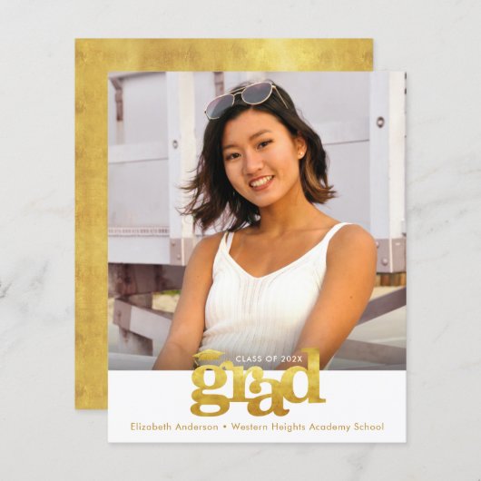 金ゴールドホワイトバジェット写真はっきりした卒業キャップ招待状 (正面/裏面)