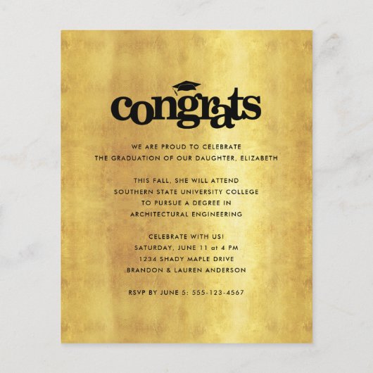 金ゴールドホワイトバジェット写真はっきりした卒業キャップ招待状 (裏面)