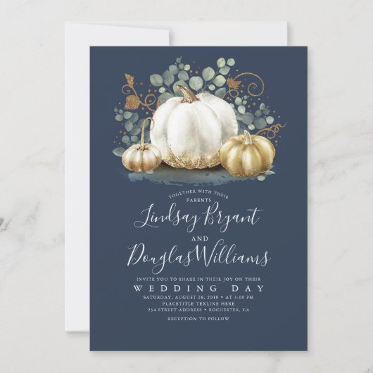金ゴールドホワイトパンプキンス素朴ネイビーブルー秋の結婚式 招待状 (正面)