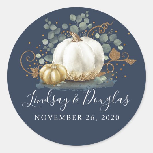 金ゴールドホワイトパンプキン秋の結婚式ネイビーブルー ラウンドシール (正面)