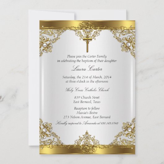 金ゴールドホワイトパールダマスククロスバプテスマ《キリスト教》洗礼式や命名式 招待状 (正面)