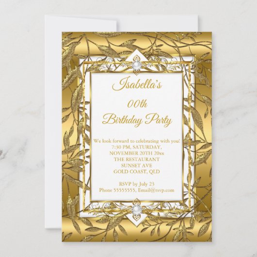 金ゴールドホワイトパールダマスクフローラ誕生日パーティー 招待状 (正面)